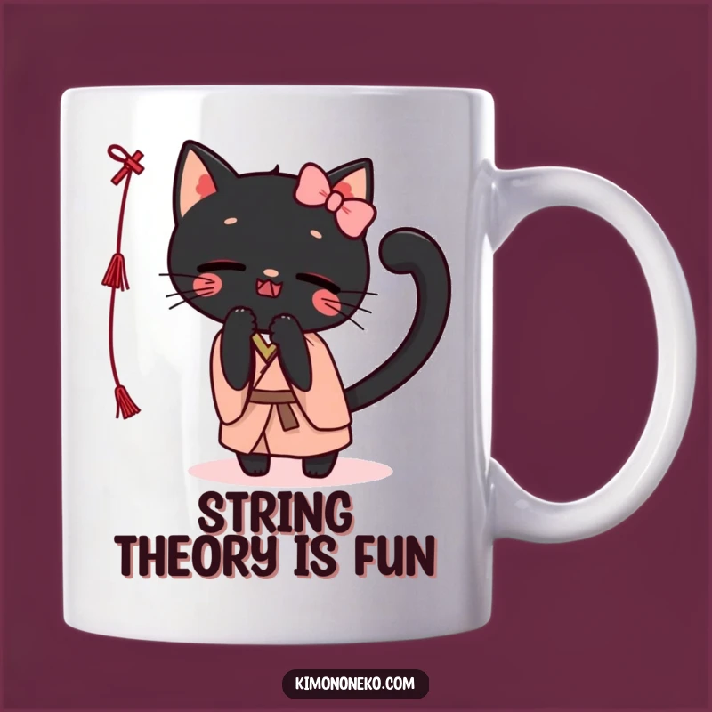 Funny Kawaii Black Cat Kimono Mug: Playful Batting String Gift for Cat Lovers