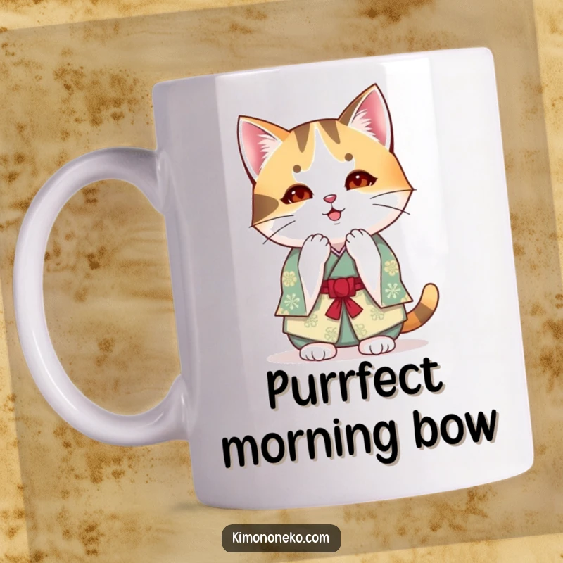 Funny kawaii calico cat in a festive kimono bowing politely on a mug, exuding grace and humor.