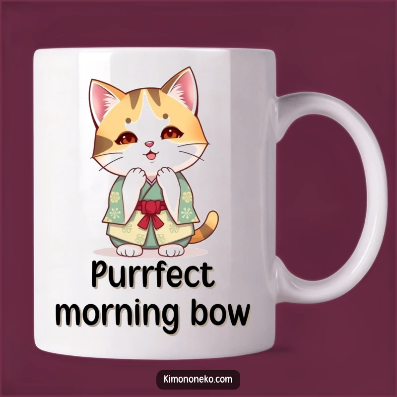 Funny Kawaii Calico Cat Kimono Mug: Polite Bow Anime Gift