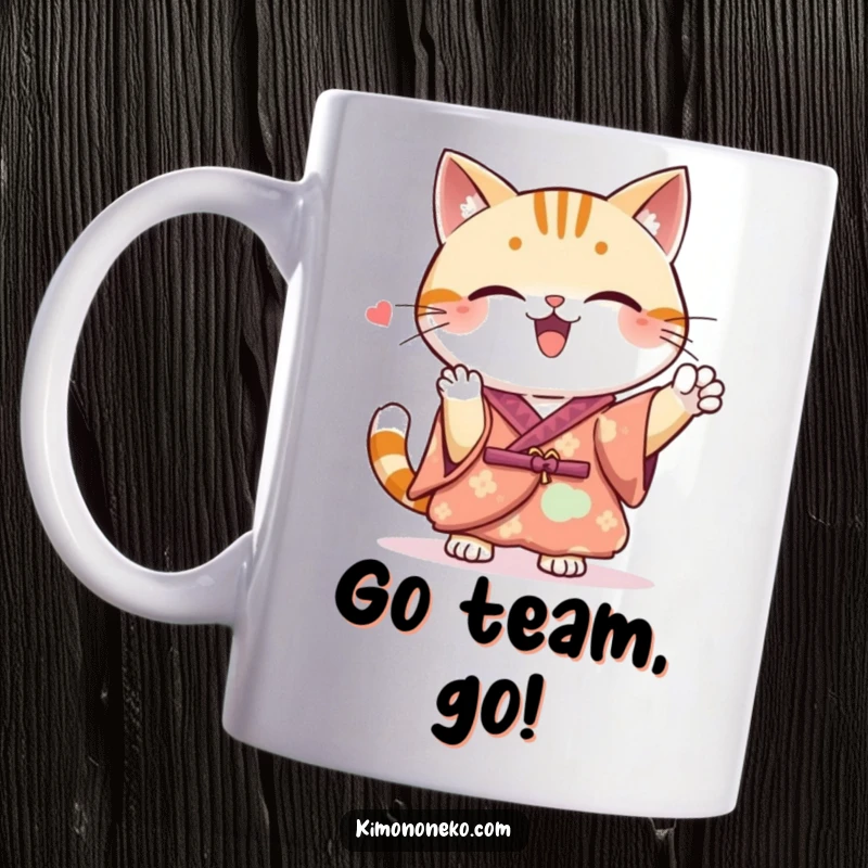 Funny Kawaii cat in a beautiful kimono, raising paws in a spirited cheer, a joyful and funny mug design.