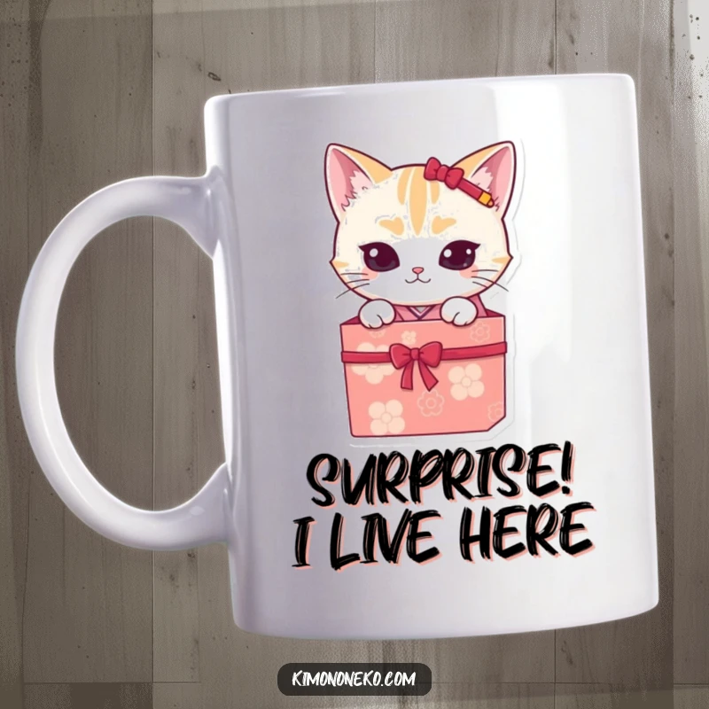 Funny kawaii cat wearing a kimono, mischievously peeking out from a gift box, ideal for a funny mug gift.