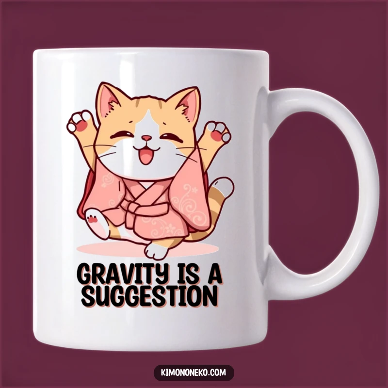 Funny Kawaii Cat Kimono Mug: Clumsy Somersault, Whimsical Fun, Perfect Gift