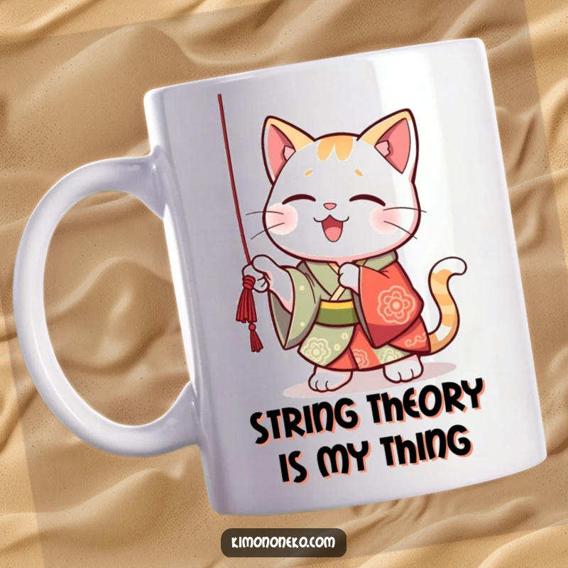 Funny Kawaii cat in a vibrant kimono, playfully batting at a dangling string, adorable and mischievous.