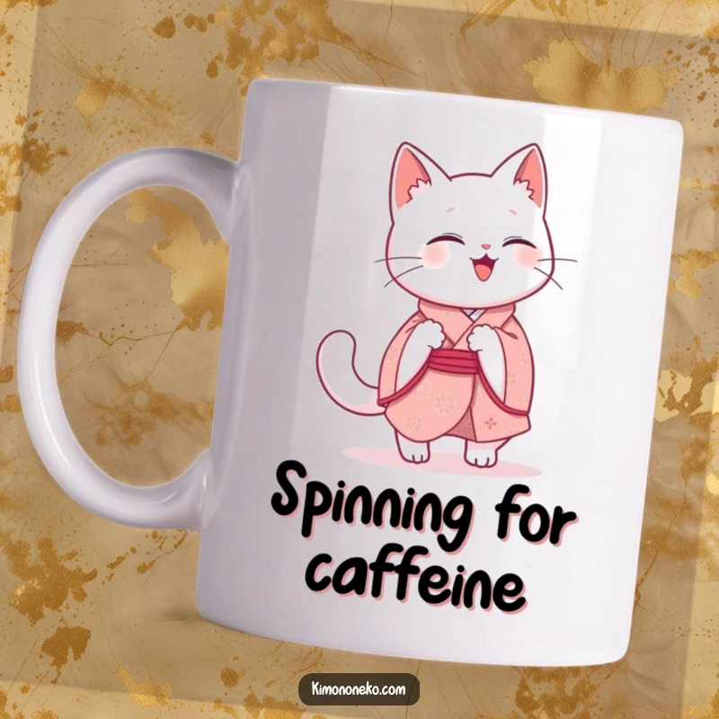 Funny Kawaii Cat Mug: A giggling white cat in a pink kimono spins in circles, playfully chasing its tail with joyous abandon.