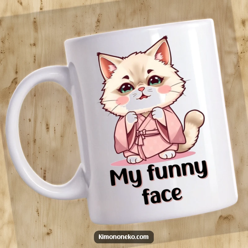 Funny Kawaii Ragdoll cat in a soft kimono practicing a funny expression, cute anime art, gift.