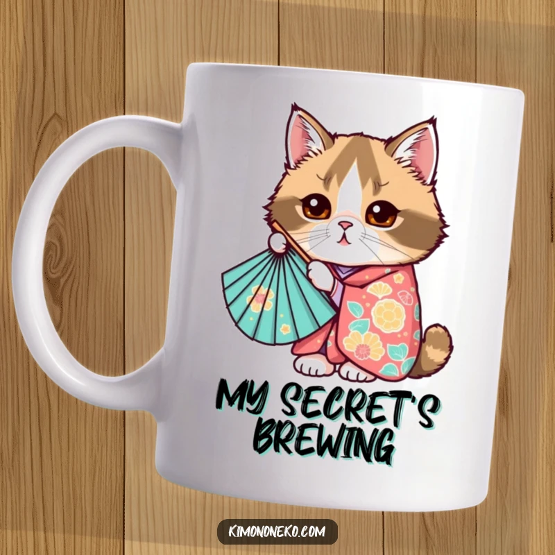 Funny Kawaii Scottish Fold cat peeking from behind a colorful fan in a kimono, cute anime style, gift.