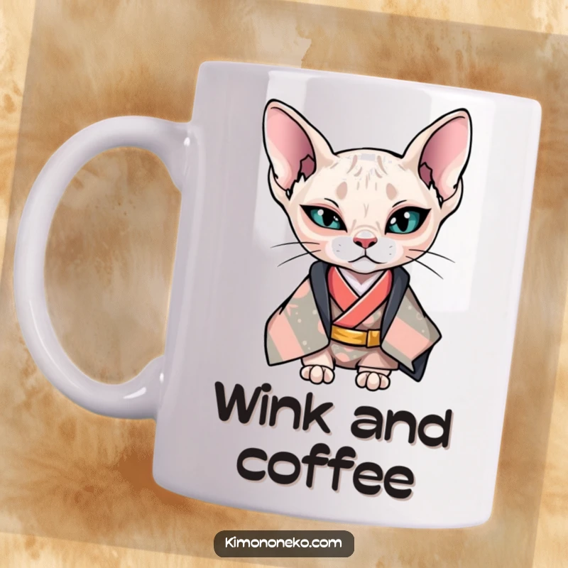 Funny Kawaii Sphynx cat in a cool kimono, giving a confident wink, stylish anime art, gift.
