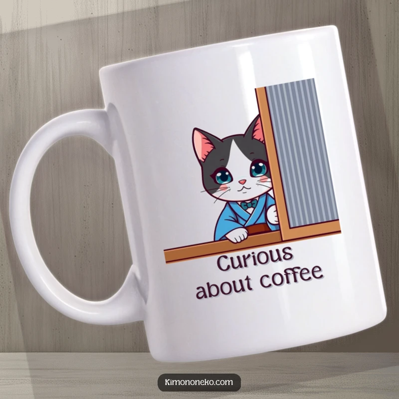Funny curious kawaii tuxedo cat wearing a blue kimono, peeking slyly from behind a screen, on a playful mug.