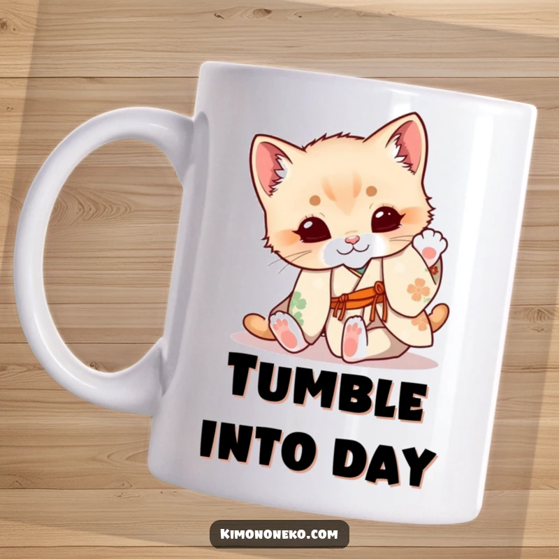 Funny Kitten Mug: A cute kitten dressed in a floral kimono playfully tumbles with boundless energy and joy.