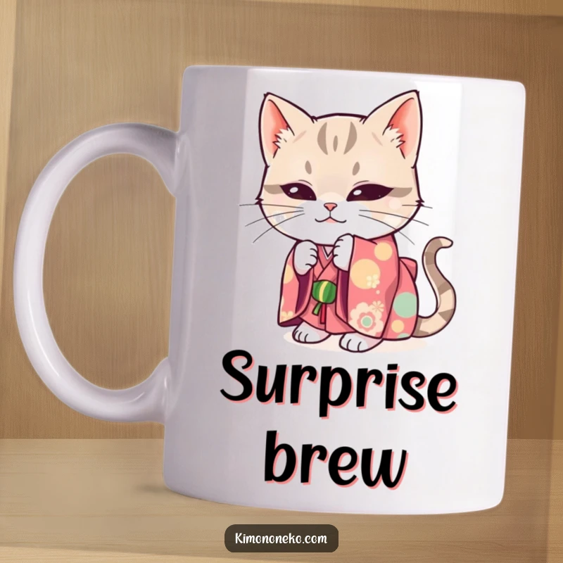 Funny mug illustration of a mischievous cat in a bright kimono, hiding playfully.