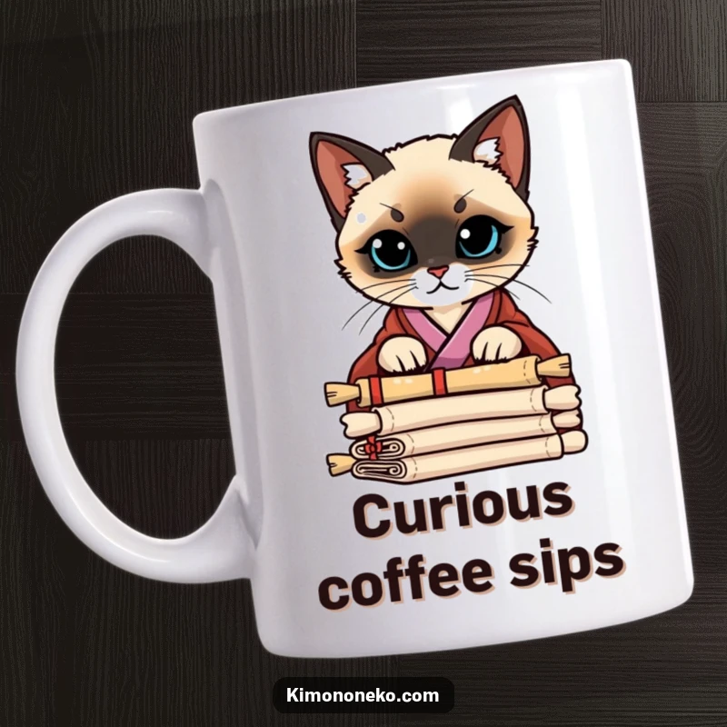 Funny Siamese Cat Kimono Mug: A Siamese cat in a stylish kimono peering curiously over a stack of ancient scrolls.