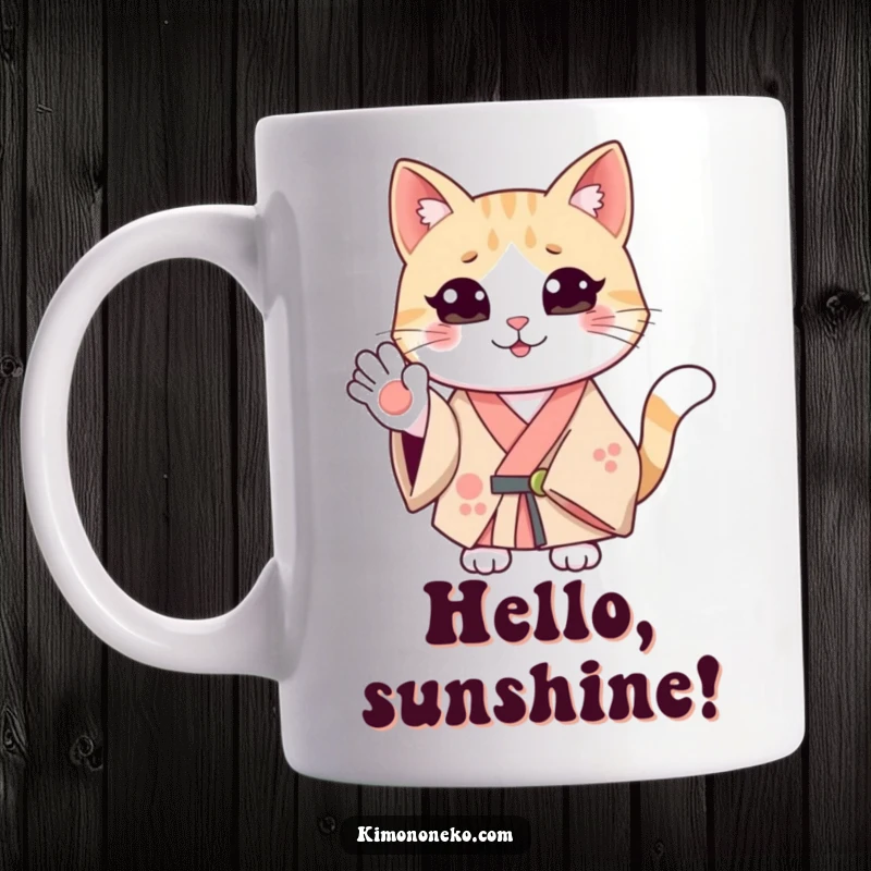 Funny smiling cat wearing a kimono, giving a friendly wave. This mug art is perfect for cheerful cat lovers.