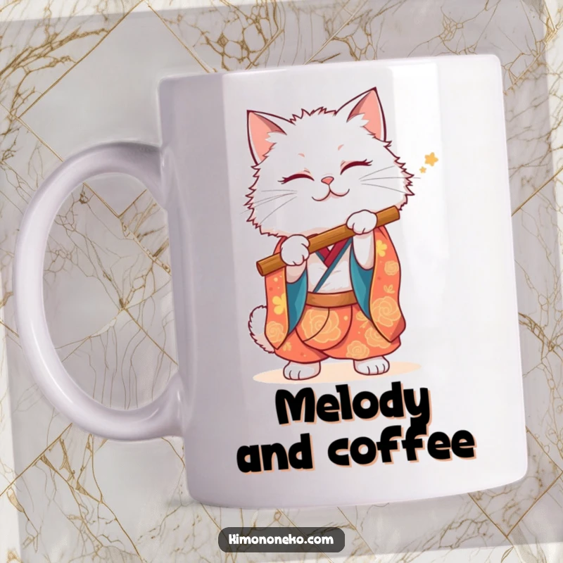 Funny White Cat Mug: A fluffy white cat in a vibrant kimono comically pretends to play a flute with grace.