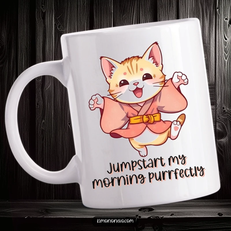Funny ceramic mug showing a playful kitten in a colorful kimono, captured mid-leap with infectious energy and joyful abandon.