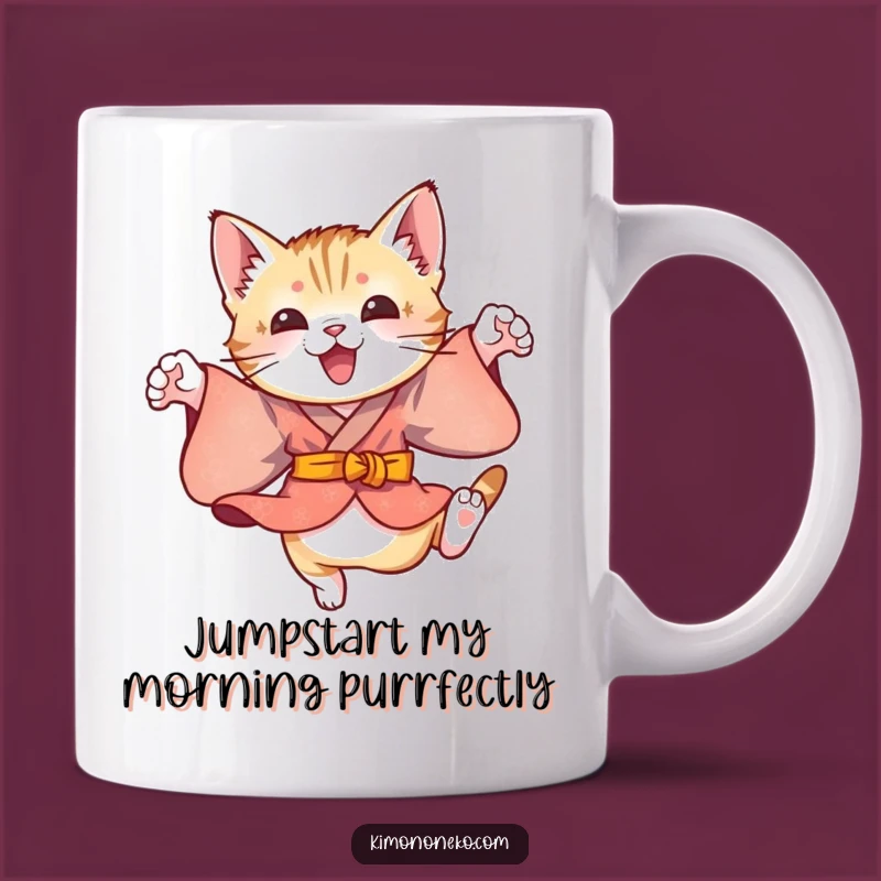 Funny Kitten Kimono Leaps Mug: Playful Character Gift for Energetic Joyful Moments