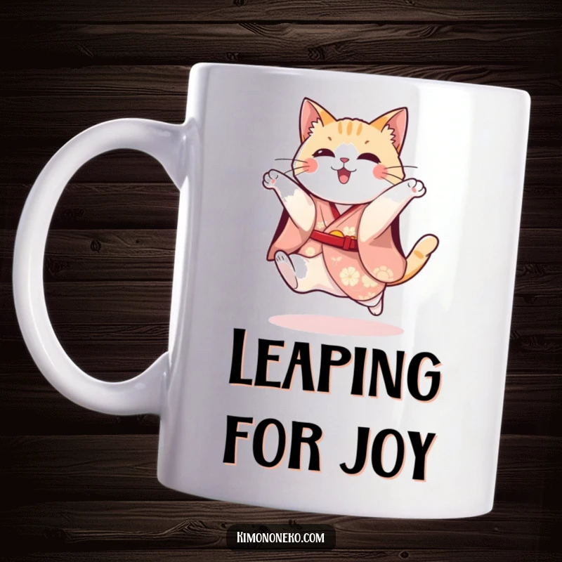 Funny mug depicting a playful cat in a festive kimono leaping energetically, showcasing its excitement and humorous agility.