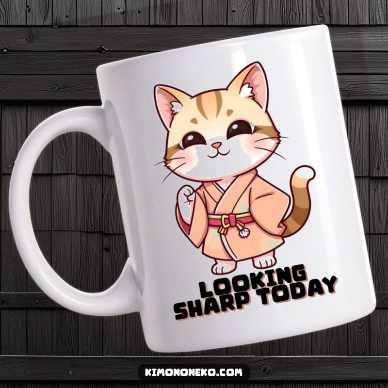 Funny mug showcasing a stylish cat in a modern kimono, striking a confident pose with a proud smile, radiating cool feline vibes.