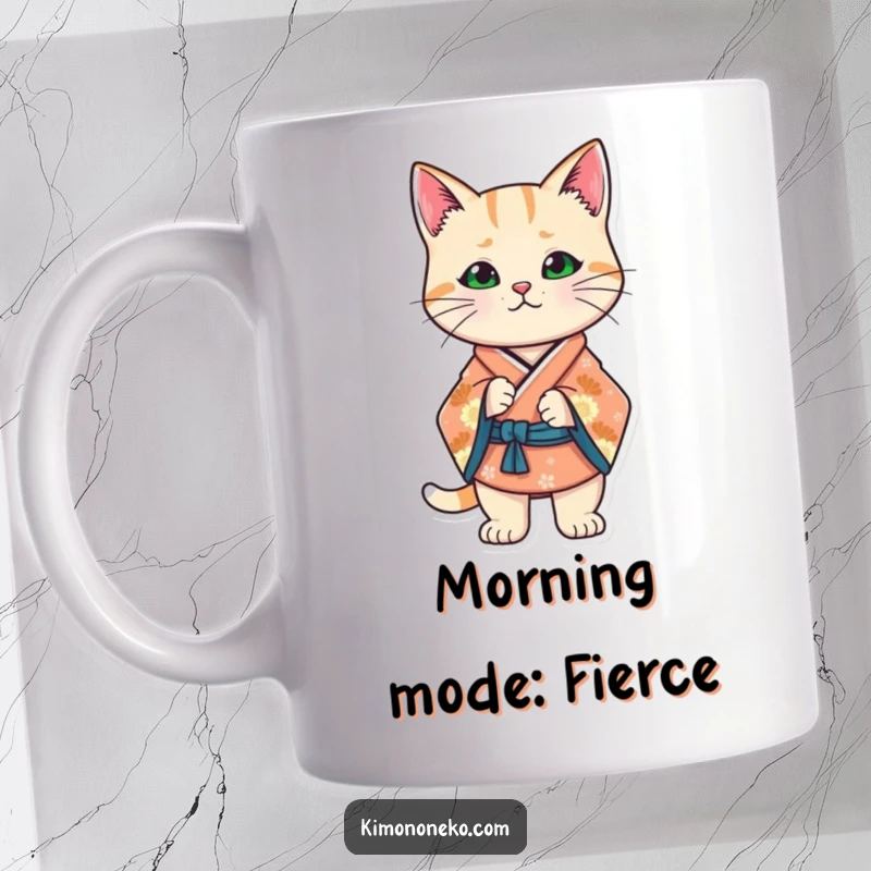 Funny Kawaii cat in a stylized kimono, striking a confident stance, exuding self-assuredness and style.