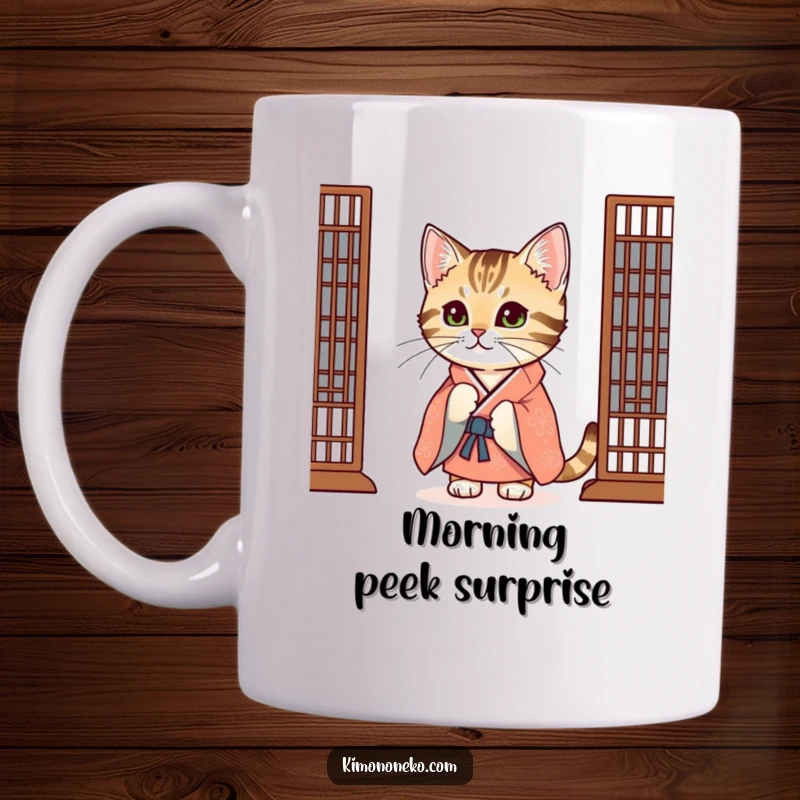 Funny Tabby Cat Mug: A curious tabby cat wearing a festive kimono peeks playfully from behind a traditional screen.