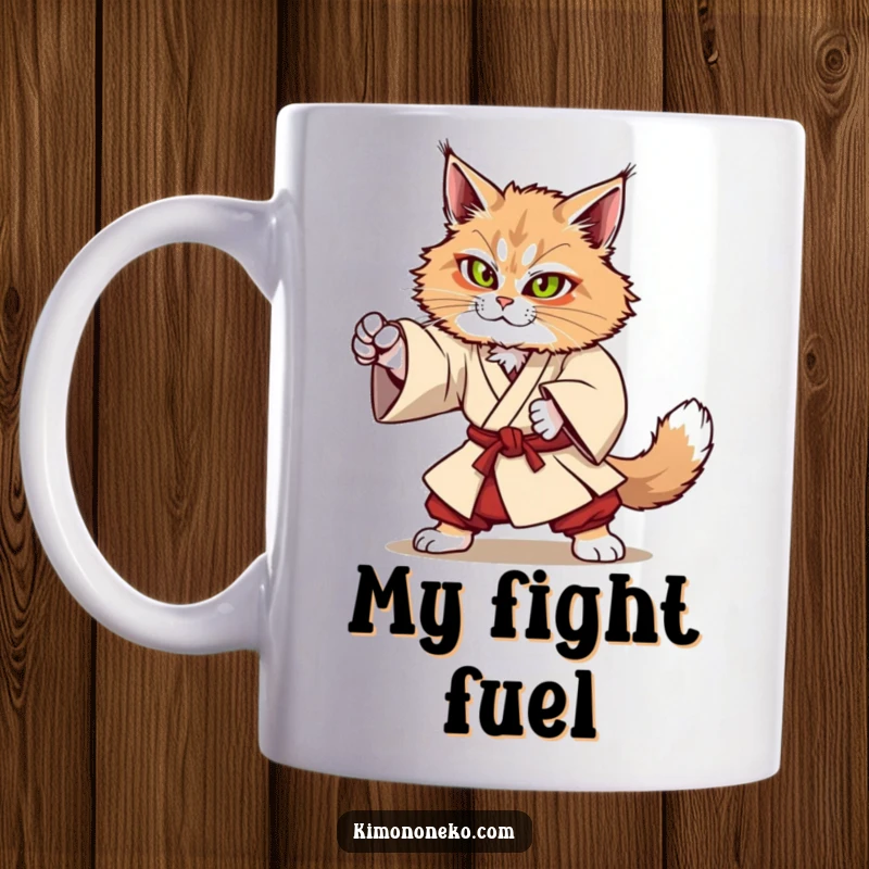 Funny Kawaii Maine Coon cat in a sturdy kimono attempting a martial arts move, strong anime art, gift.