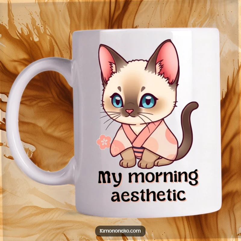 Funny Siamese cat wearing a patterned kimono, curiously peeking out. This mug art is perfect for cat lovers seeking humor.