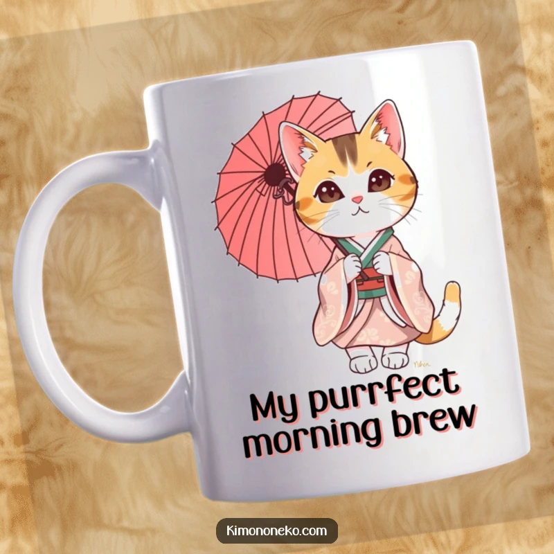 Funny Calico Cat Mug with a stylish kimono and parasol, looking sophisticated and ready for a stroll. This design is pure feline charm.
