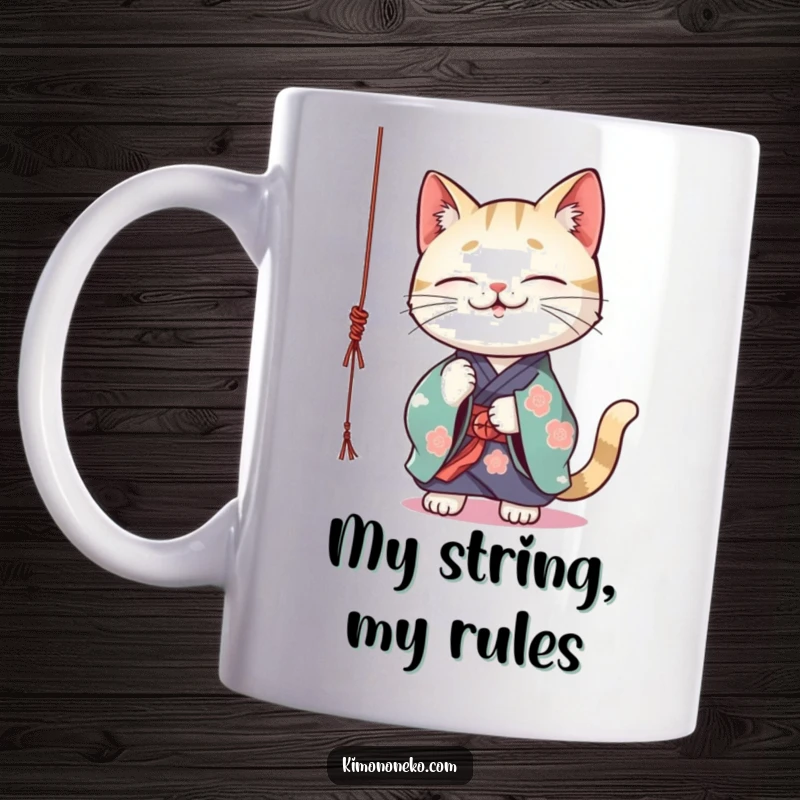 Funny Kawaii cat wearing a vibrant kimono playfully batting at a dangling string, ceramic coffee mug, cartoon.