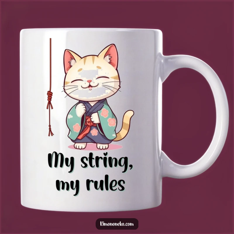 Funny Kawaii Cat Kimono Mug: Playful Kitty Batting String, Perfect Gift Idea