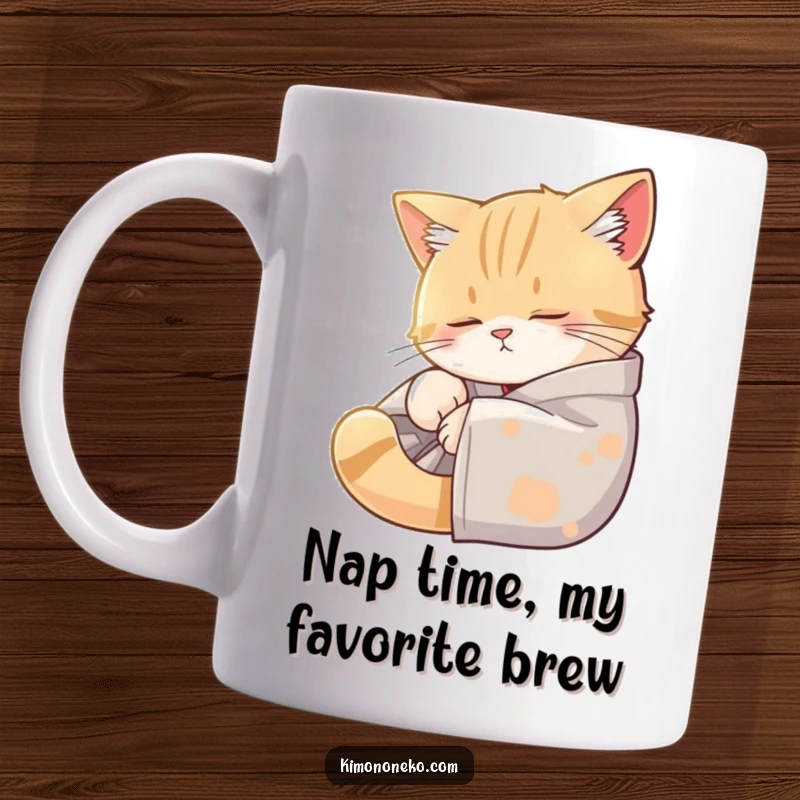 Funny ceramic mug featuring a sleepy cat wearing a cozy kimono, curled up peacefully in a warm sunbeam, perfect for a relaxing morning.