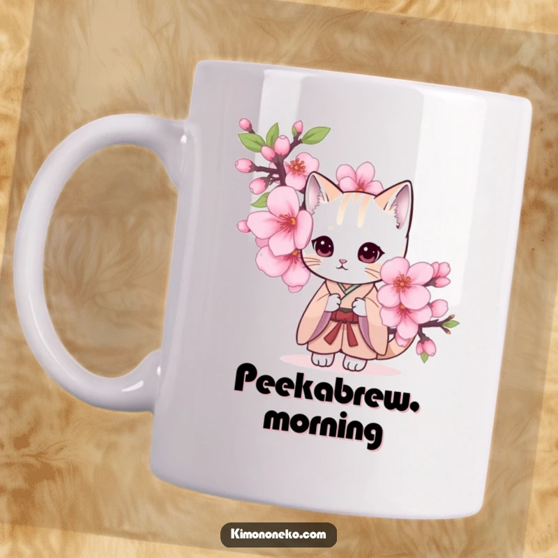 Funny mug illustration of a shy cat wearing a simple kimono, peeking from behind a large cherry blossom.