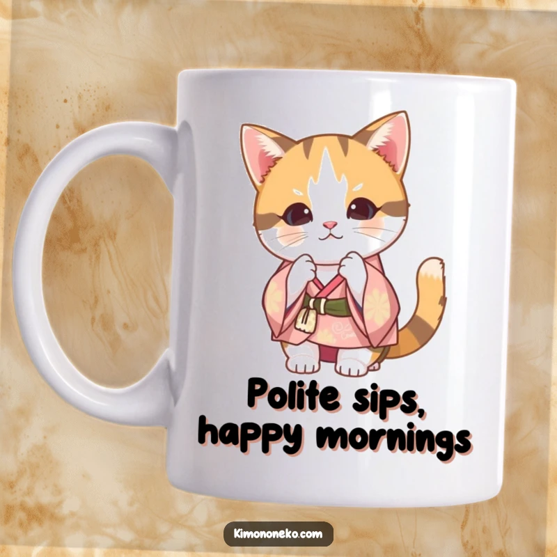 Funny Kawaii Calico Cat Mug: Adorable feline in a festive kimono bowing politely, a humorous and charming addition to any desk.