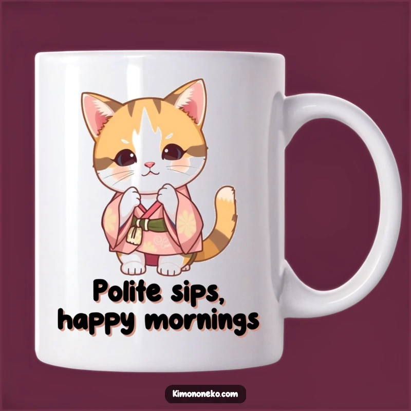 Funny Kawaii Calico Cat Kimono Mug: Adorable Bowing Cat for a Hilarious Gift
