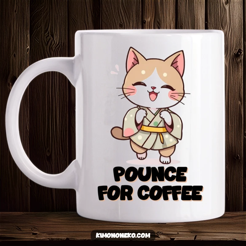 Funny Kawaii cat in a traditional kimono, mid-playful pounce, expressing agility and fun on a mug.