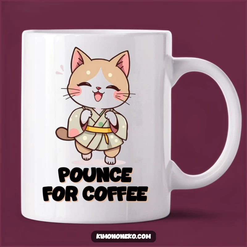 Funny Kawaii Cat Pounce Mug: Playful Kimono Cat Action, Perfect Funny Gift