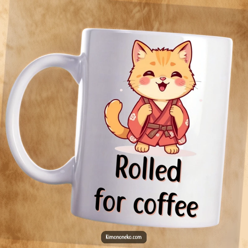 Funny ginger cat in a casual kimono doing a happy, playful roll on a coffee mug.