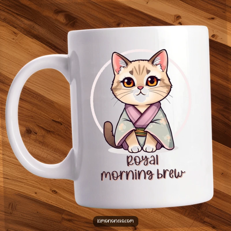 Funny mug depicting a regal cat in an exquisite silk kimono sitting with utmost pride and a hint of amusing superiority.