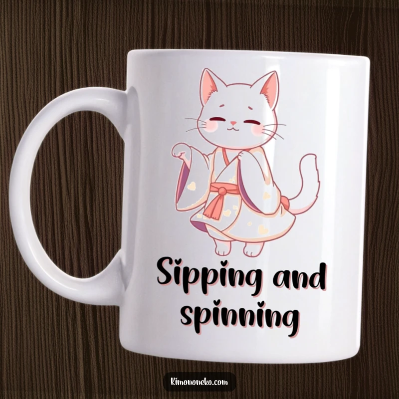 Funny Kawaii White Cat Mug: A beautiful cat in a flowing kimono twirling gracefully, with a humorous and elegant expression.