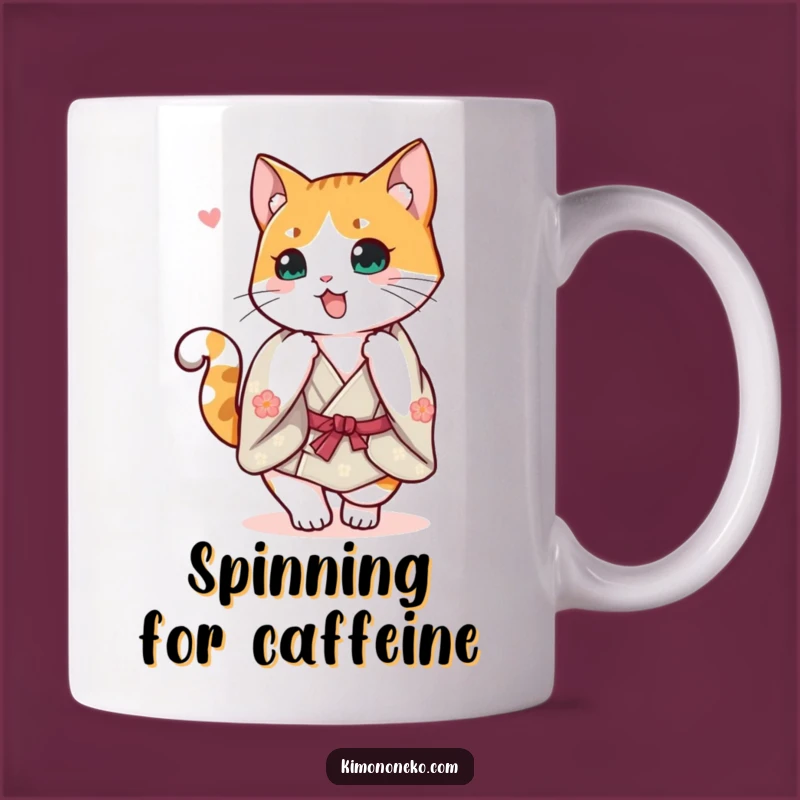 Funny Calico Kimono Cat Mug: Happy Spin & Tail Up, Gift Idea