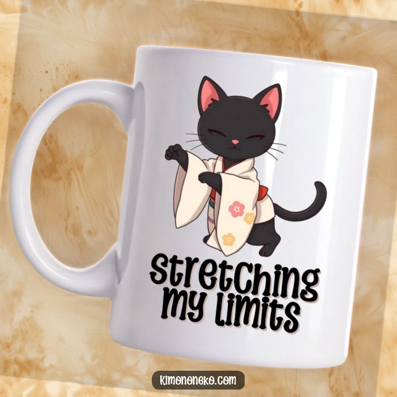 Funny kawaii black cat mug featuring a sleek cat in a traditional kimono stretching gracefully, embodying elegance and humor.