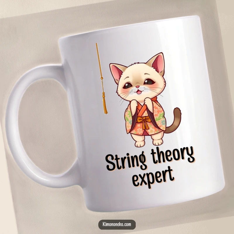 Funny Siamese cat in floral kimono, playfully batting at a dangling string, kawaii style, perfect for cat lovers.