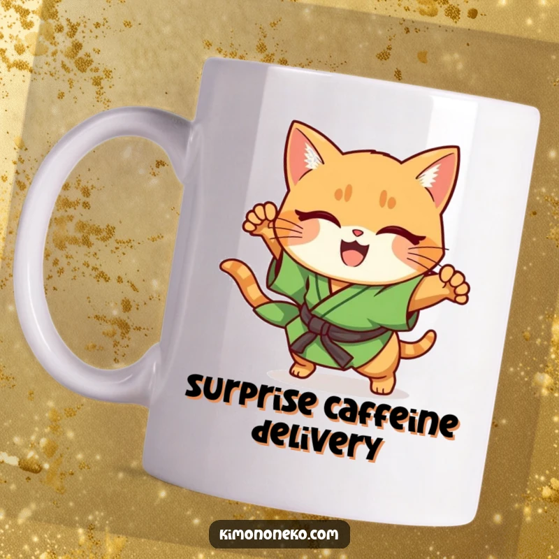 Funny ginger cat in green kimono, performing a sudden pounce, kawaii style, action shot.