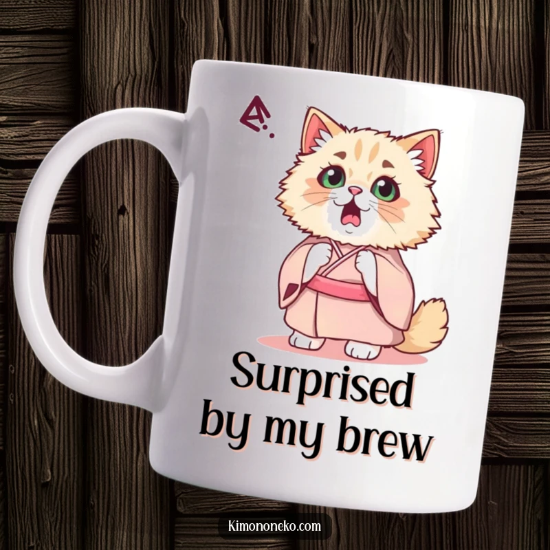 Funny Kawaii Persian Cat Mug: A startled cat in a fancy kimono jumps in surprise, its eyes wide, embodying a humorous, shocked reaction.