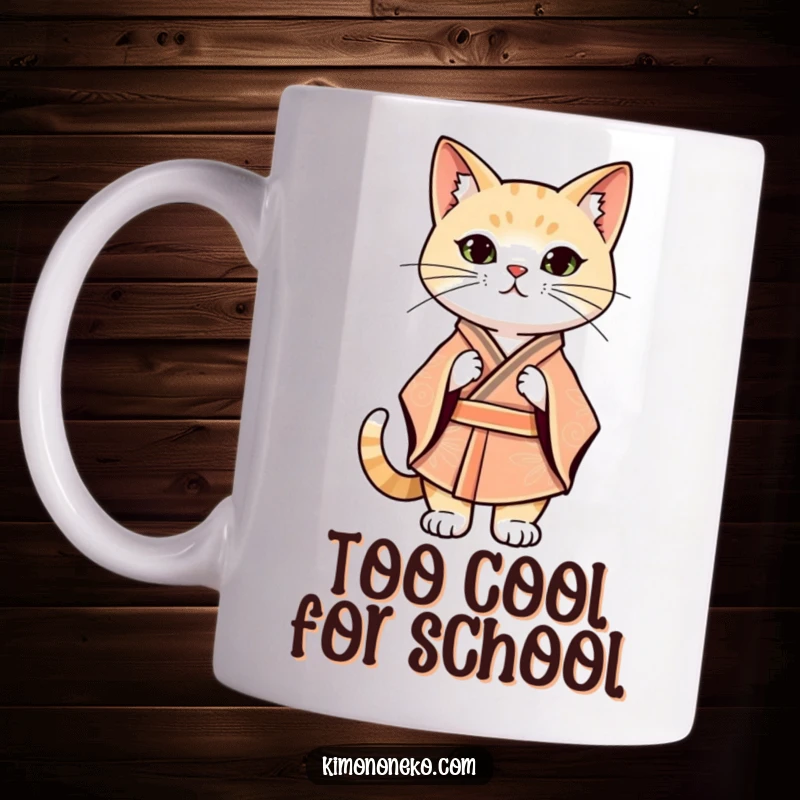 Funny Kawaii cat wearing a stylized kimono striking a confident stance, ceramic coffee mug, cool attitude.