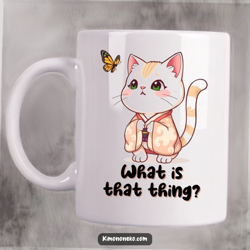 Funny mug depicting a surprised cat in a festive kimono, tail puffed high, staring with shock at a fluttering butterfly, capturing a moment of pure amusement.