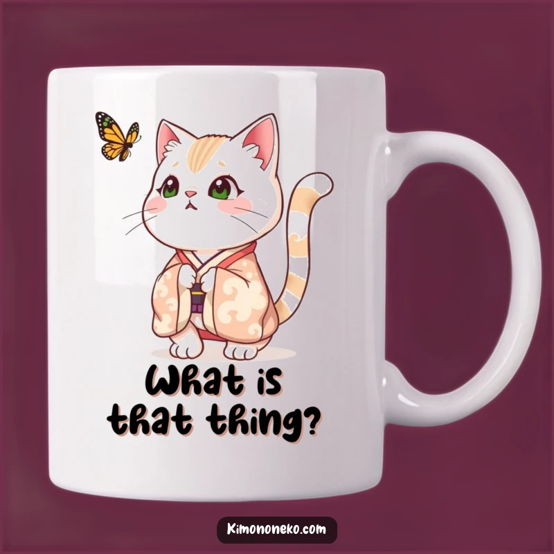 Funny Surprised Cat Kimono Mug - Tail Puffed, Butterfly Surprise!