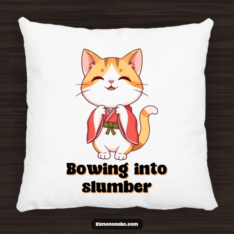Funny happy kawaii calico cat in a red and white kimono, performing a graceful bow, as a plush decorative pillow.