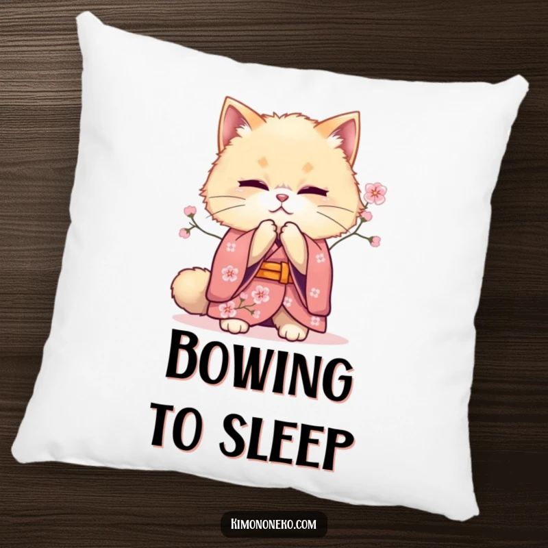 Funny bowing cat kimono pillow, featuring a fluffy feline offering a graceful bow, providing comfort and a touch of serene charm.