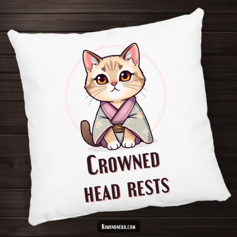 Funny pillow with a regal cat in a silk kimono sitting proudly, adding a touch of luxurious and humorous charm.