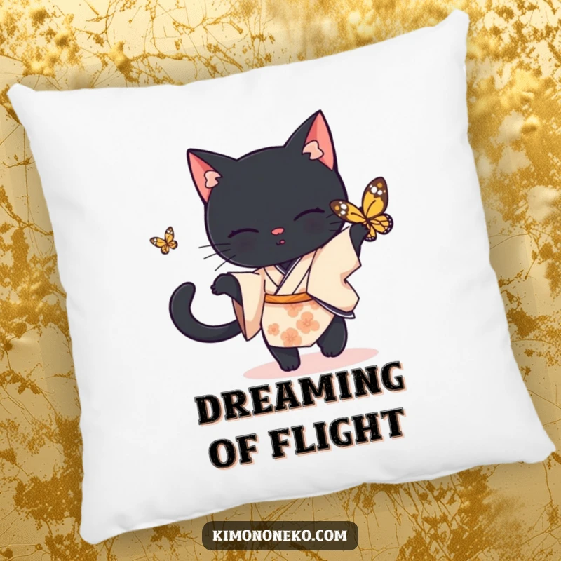Funny black cat pillow, a black cat in a simple kimono playfully chasing a butterfly, cozy funny gift.