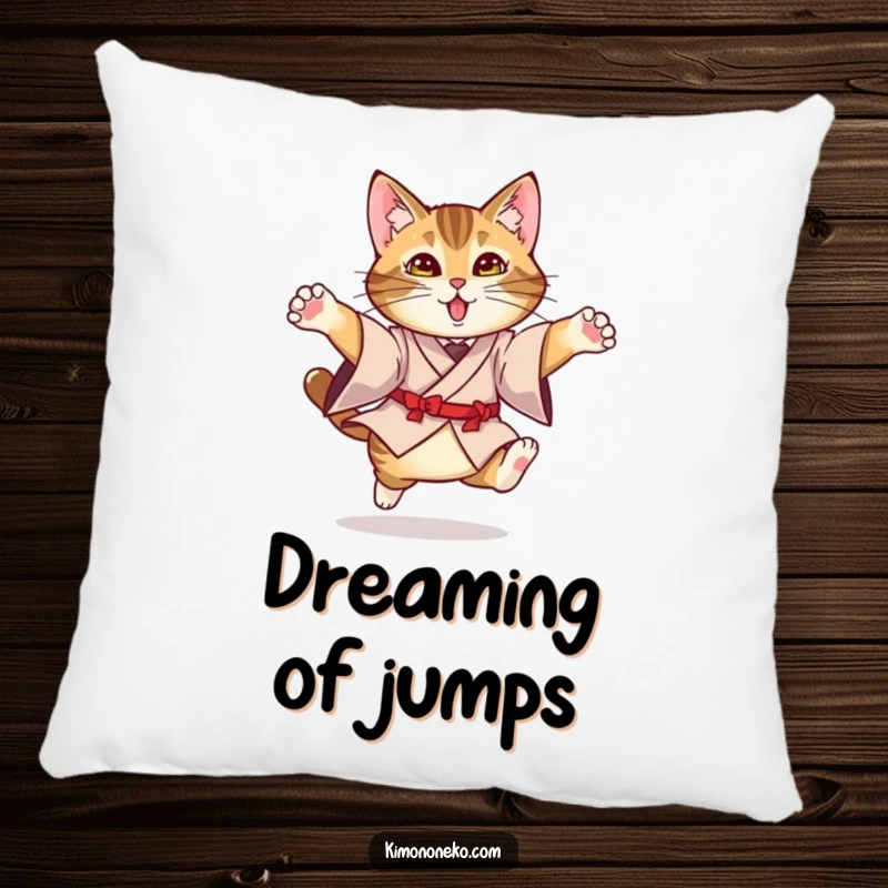 Funny Kimono Cat Pillow: A plush pillow with a tabby cat in a formal kimono elegantly leaping, offering humorous comfort.